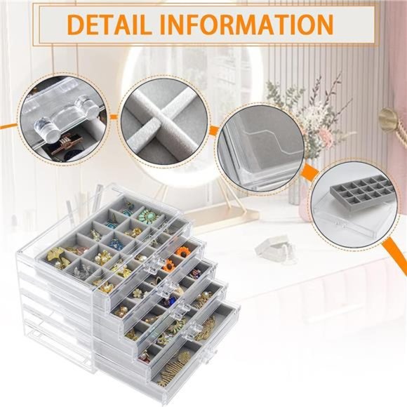 Jewelry Box with 5 Drawers, Clear Earring Storage Organizer Display Case - Picture 2 of 6